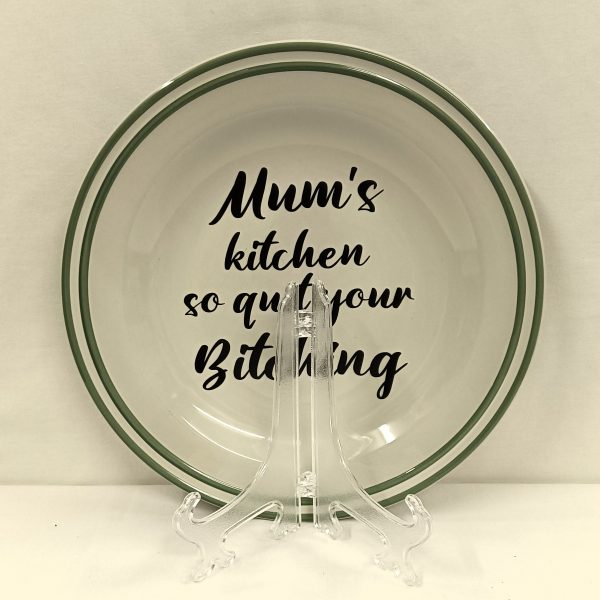 Mum's Kitchen Vinyl Script, Stoneware Dinner Plate, Wall Art, Upcycled Plate, Funny Gift, Decorative Wall Plate, Plate with Quote Gift