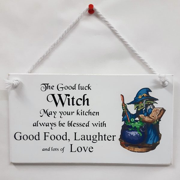 The Good Luck Kitchen Witch Hanging Sign, Witch Decal with Black Vinyl Script, Halloween Plaque, Kitchen Décor Gift, Handmade Halloween Gift