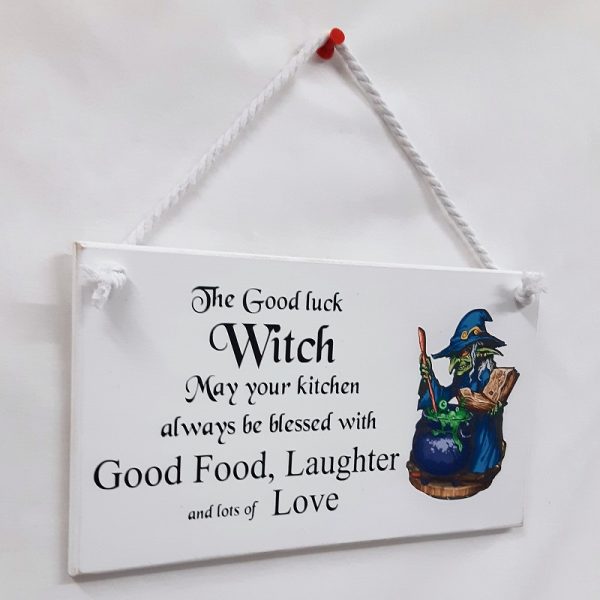 The Good Luck Kitchen Witch Hanging Sign, Witch Decal with Black Vinyl Script, Halloween Plaque, Kitchen Décor Gift, Handmade Halloween Gift