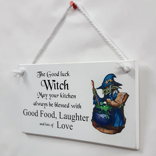 The Good Luck Kitchen Witch Hanging Sign, Witch Decal with Black Vinyl Script, Halloween Plaque, Kitchen Décor Gift, Handmade Halloween Gift