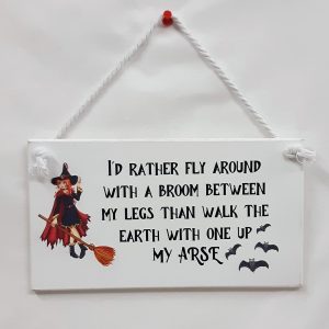 I'd Rather Fly Around with a Broom Witch Sign, Printed Decal with Black Vinyl Script, Halloween Plaque, Witchy Hanging Sign, Handmade Gift