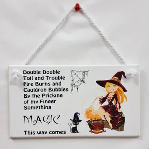 Double Double Toil & Trouble Vinyl Sign with Witch and Cauldron Decal, Pagan Wicca Wall Plaque, Hanging Wood Sign, Witch Halloween Décor