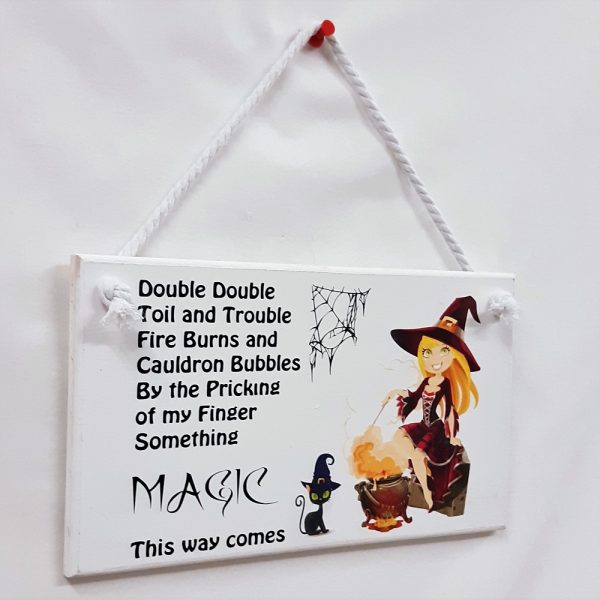 Double Double Toil & Trouble Vinyl Sign with Witch and Cauldron Decal, Pagan Wicca Wall Plaque, Hanging Wood Sign, Witch Halloween Décor