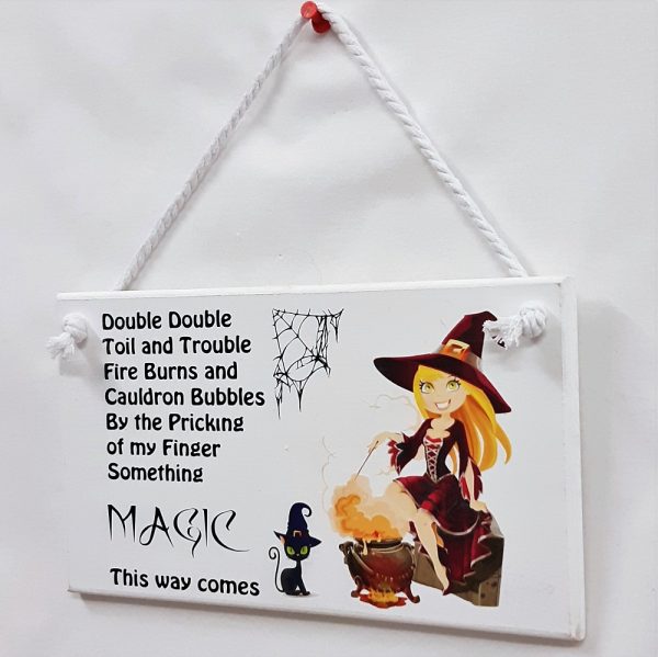 Double Double Toil & Trouble Vinyl Sign with Witch and Cauldron Decal, Pagan Wicca Wall Plaque, Hanging Wood Sign, Witch Halloween Décor